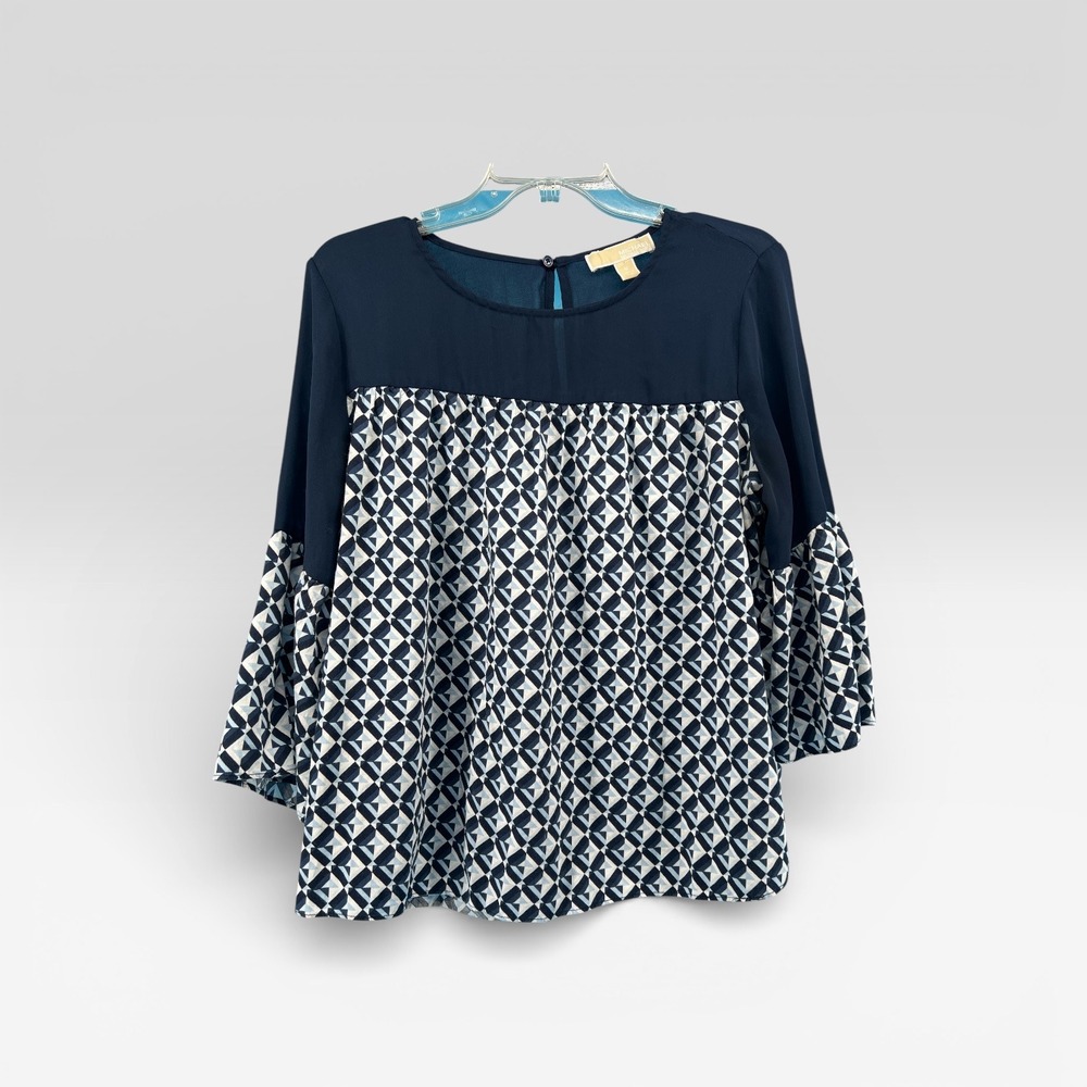 Michael Kors Navy Blue Geometric Bell Sleeve Blouse Womens Medium M Mixed Media